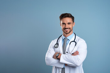 Fototapeta premium Portrait of a doctor with stethoscope. On light blue background, copy space.
