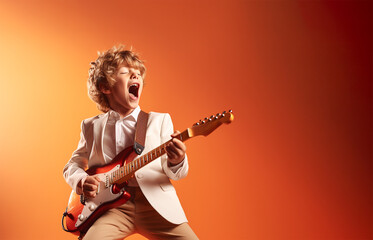 Boy singing while playing the electric guitar. On orange background. Copy space. - obrazy, fototapety, plakaty