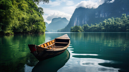 Fototapeta na wymiar Longtail Boat in Ratchaprapha Dam Khao Sok National Park in Thailand.