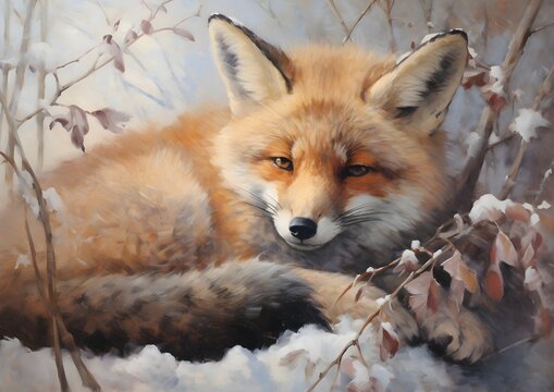 Red Fox in a snow Forest Oil Painting artwork, wall art, illustration wallpaper hyperrealism