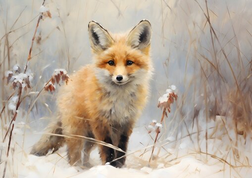baby Red Fox in a snow Forest Oil Painting artwork, wall art, illustration wallpaper hyperrealism