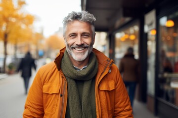 Portrait of a handsome middle-aged man with gray hair in a yellow jacket and a green scarf on a city street.