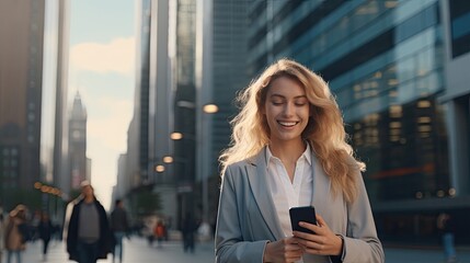 Fototapeta premium A woman smiling happily playing with a smart phone on a city public street. Suitable for magazine cover designs, website banners or social media posts about contemporary and dynamic urban lifestyles.