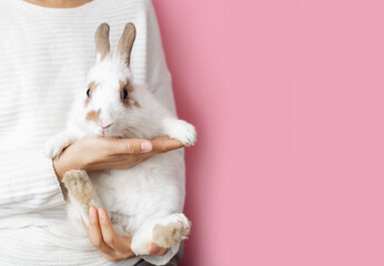 A woman holding white rabbit on pink background.