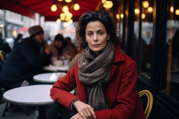 Fototapeta na wymiar Portrait of a beautiful woman in a red coat and scarf in Paris, France.