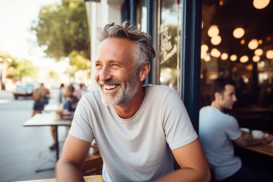 Handsome middle-aged man is smiling while sitting in cafe outdoors