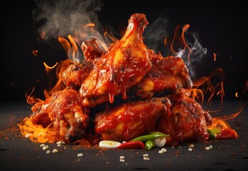 Chicken wings covered in burning and smoky spicy sauce on a black background. Perfect for adding fiery and appetizing elements to restaurant menus, food blogs, or barbecue-themed designs.