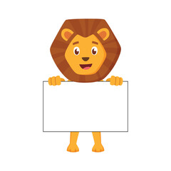 Cute Friendly Lion Holing Blank White Board With Both Hands Vector Illustration In Cartoon Style.