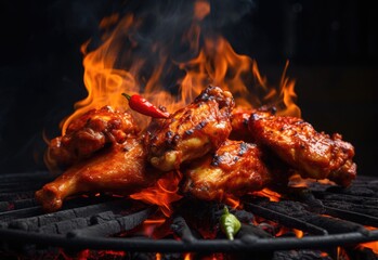 Chicken wings smeared with burning hot sauce and smoking on the grill on black background. Perfect for adding fiery and appetizing elements to restaurant menus, food blogs, or barbecue-themed designs.
