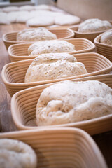 Leavened bread dough in the moulds resting to be baked.