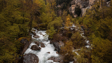 Waterfall on the Vomano River flows in the province of Teramo. Picturesque mountainous area, on the northwestern slopes of Monte San Franco.