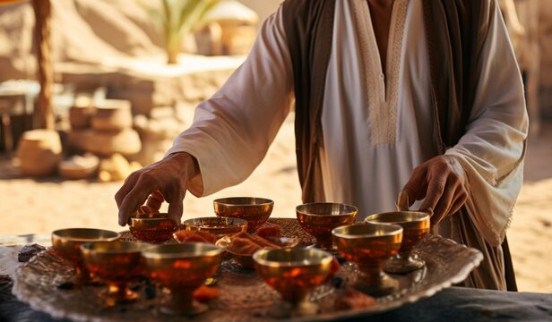 A traditional Egyptian tea waiter offers a Bedouin welcome with tea, almonds, and mugs on a Sinai tray