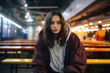 Fototapeta premium Young beautiful girl with dark hair in a brown jacket in a cafe in the evening