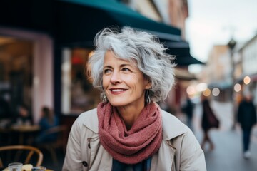 Portrait of a happy senior woman with short gray hair in a city street.