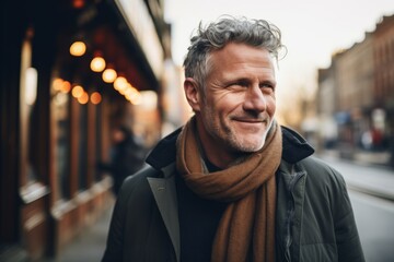 Handsome middle-aged man with gray hair and brown scarf in the city