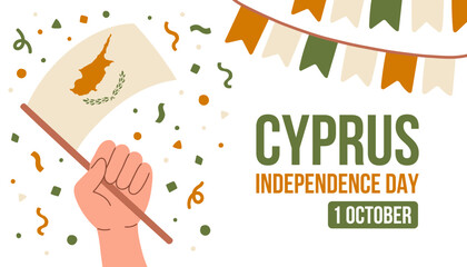 Cyprus independence day 1st october. Cyprus flag in hand. Greeting card, poster, banner template.
