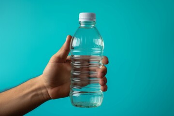 Isolated hand grips a bottle of mineral water against a blue background - obrazy, fototapety, plakaty