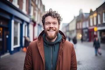 Fototapeta premium Portrait of a handsome young man smiling in the street, UK.