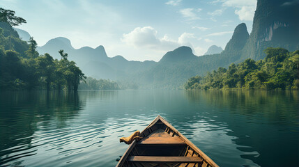 Longtail Boat in Ratchaprapha Dam Khao Sok National Park in Thailand. - obrazy, fototapety, plakaty