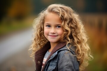 Fototapeta premium Portrait of a beautiful little girl with curly hair in autumn park