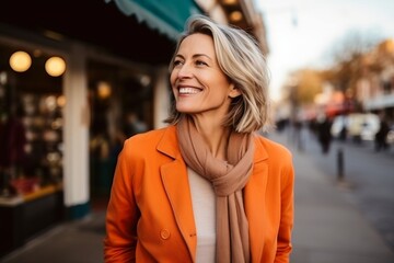 Fototapeta premium Portrait of a beautiful middle-aged woman walking on the street