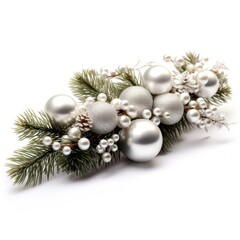 Fototapeta na wymiar Christmas decoration isolated on white background, Xmas tree branch with siver shiny balls