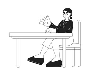 Latina girl sitting at desk black and white 2D cartoon character. University student hispanic woman gesturing isolated vector outline person. Schoolgirl at table monochromatic flat spot illustration