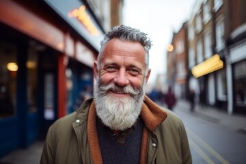 Portrait of a happy senior man with a long white beard in the city