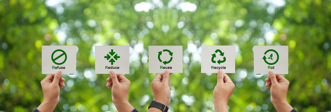 Hand holding Reuse, Reduce, Recycle, Refuse, Rot symbol. 5 Concept of Zero waste, eco friendly, sustainable development, environmental responsibility and ecological lifestyle. Conscious consumption. 