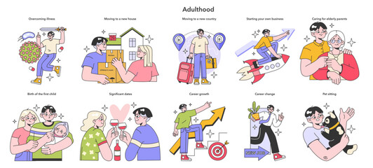 Adult life milestones set. Growing and maturing, building career and family.