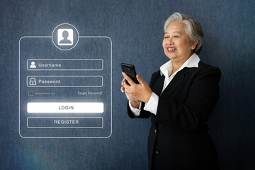 Portrait of middle aged business woman standing isolated on blue background and use smartphone for check finance, looking at the camera with smile, Successful businesswoman, ceo, director, manager