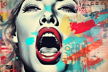 Fotobehang Woman's mouth screaming. Collage contemporary grunge style design. Generative Ai © ArtmediaworX