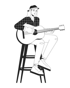 Female guitarist playing country music black and white cartoon flat illustration. European woman country singer 2D lineart character isolated. Music performer monochrome scene vector outline image