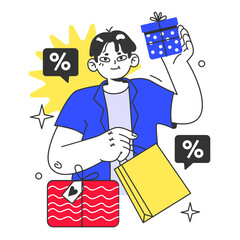 Black friday. Happy character with shopping bags and presents.