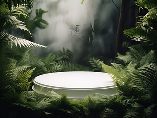 White round stone podium podest with tropical green leaves, modern product presentation concept