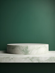 White round marble stone podium on green  background, modern product presentation concept
