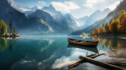 A boat is docked at a lake in front of a mountain rang - obrazy, fototapety, plakaty