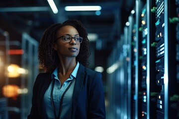 A young Serious African American woman in eyeglasses stands in the middle of a server room. Collection and storage of large amounts of data. Checks the operation of servers and automation.