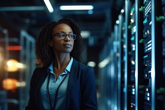 A young Serious African American woman in eyeglasses stands in the middle of a server room. Collection and storage of large amounts of data. Checks the operation of servers and automation. - Powered by Adobe