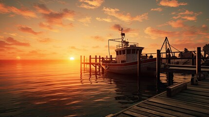 A boat is docked at a pier with the sun setting behind