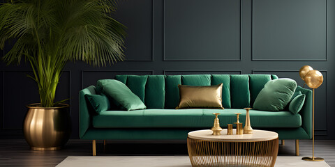  Illustration of the living room interior,  Luxury living room in house with modern interior design green velvet sofa coffee table pouf gold  Ai Generative

