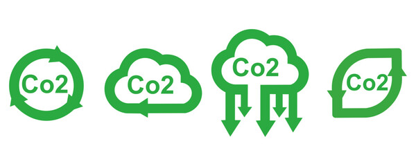 CO2, Reduction of CO2 emissions outline green icons set. Zero carbon footprint, CO2 neutral, greenhouse effect concept on white background eps10