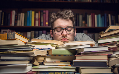 Overworked man lying on books