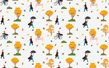 Collection of a man doing different leisure activities in autumn. Outdoor activities. Autumn seamless pattern.