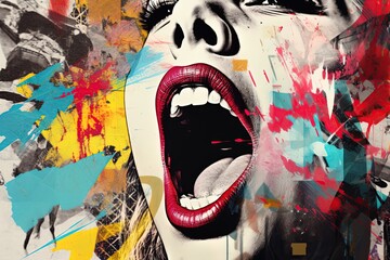 Woman's mouth screaming. Collage contemporary grunge style design. Generative Ai - obrazy, fototapety, plakaty
