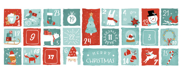 Cute hand drawn Christmas advent calendar. Lovely doodle drawings, vector design - obrazy, fototapety, plakaty