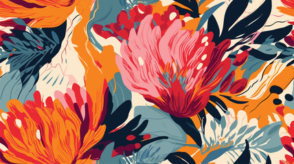 Abstract trendy exotic floral mix pattern. Collage contemporary seamless pattern. Hand drawn cartoon style pattern