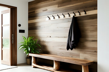 Rustic wooden bench made from tree trunk in spacious spa hallway. Side view