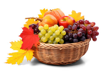 wicker basket with autumn harvest, png file of isolated cutout object with shadow on transparent background.