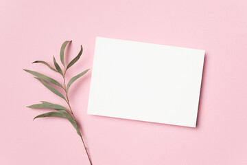 Wedding invitation or greeting card mockup with botanical decor, blank mockup with copy space